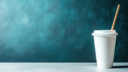 Poster - A simple yet elegant cup sits against a turquoise backdrop, evoking a sense of calmness, perfect for featuring various drink options in a fresh setting.