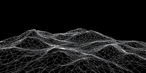 Poster - a digitally rendered landscape with a white wireframe mesh over a black background creating depth