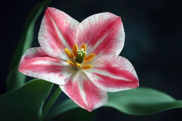 Poster - Beautiful close-up of a pink and white striped tulip blooming gracefully in a dark setting
