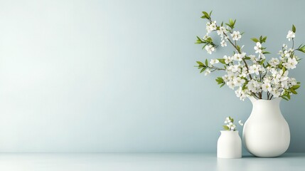 Poster - A stunning display of white flowers in a white vase against a soft blue backdrop creates a serene atmosphere, enhancing the aesthetic beauty of any space.