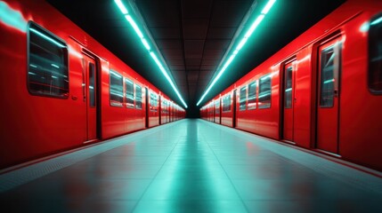 Poster - A captivating perspective from a subway station featuring vibrant red trains under cool neon lighting, presenting an artistic and futuristic urban scene.
