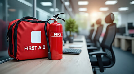 work safety guidelines, a first aid kit and fire extinguisher are prominently displayed on a desk in