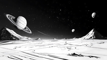 Wall Mural - Monochrome depiction of a ringed planet looming over a stark mountainous alien landscape under a starry sky.