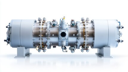 Poster - A sleek, silver industrial machinery unit designed with precision components, representing the forefront of modern engineering and technological advancements in machinery.