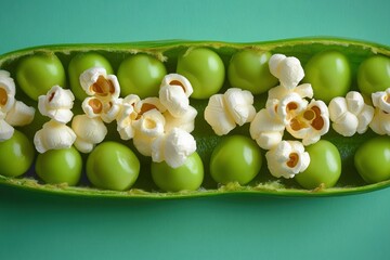 Poster - Green peas and popcorn mix inside an open pea pod isolated against a light green background for a fresh and quirky food concept.