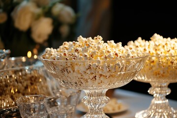 Poster - Elegant popcorn presentation in a glass bowl, perfect for events or gatherings. Snack on style with this delightful treat.