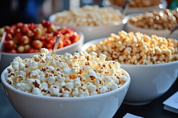 Poster - Assortment of Popcorn Flavors: White bowls brimming with various popcorn types - sweet, savory, and caramel - displayed at an event.