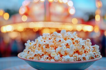 Poster - A bowl of popcorn with a carousel in the background, creating a festive and joyful atmosphere. Delicious snack at an amusement park.