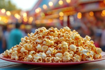 Poster - A mound of golden, crunchy popcorn piled high on a red plate, illuminated by the colorful lights of a festive outdoor event.