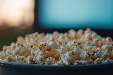 Aufkleber - Close-up of a bowl overflowing with popcorn, ready for a movie night in. Soft lighting and blurry screen in the background.