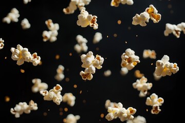 Fototapete - Floating popcorn: A dynamic aerial shot captures the essence of snacking fun.  A shower of light and air, it's movie nights, at home.