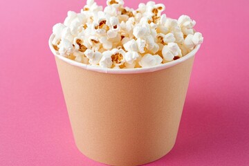 Poster - A paper cup overflowing with fluffy, white popcorn against a vibrant pink backdrop, creating a visually appealing and appetizing treat.