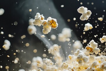 Poster - An array of freshly popped popcorn pieces are caught mid-air against a dark background in this still studio shot. Sweet or salty, what's your favorite?