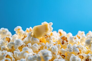 Poster - Buttery Popcorn Delight: A close-up of freshly popped kernels with melted butter against a vibrant blue backdrop.