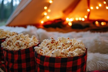 Aufkleber - Cozy camping snack time featuring fluffy popcorn buckets next to a warmly lit tent, perfect for a relaxed outdoor evening.