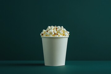 Poster - Popcorn overflowing a white paper cup on a dark teal surface and background. Classic snack food, minimal composition.
