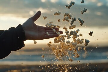 Poster - Snack Time: Hand throwing popcorn into the air with a coastal backdrop, capturing a playful and carefree moment at the beach.