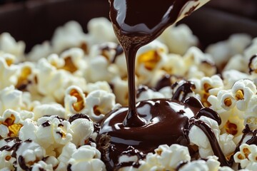 Fototapete - Chocolate cascading onto a fluffy bed of popcorn, creating a sweet and salty treat that's both decadent and irresistibly crunchy.