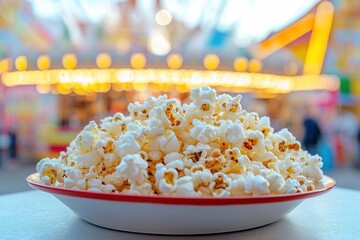Poster - Delicious, buttery popcorn in a bowl, ready to be enjoyed at a fair, festival, or carnival with family and friends.