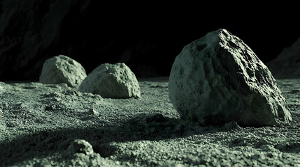 Wall Mural - Dark Green Rocks On Dusty Gray Planetary Surface