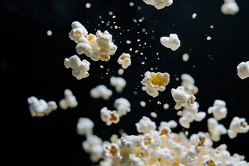 Poster - Popcorn in motion: A whimsical dance of fluffy kernels against a dark background, capturing a moment of simple, delightful snacking fun.