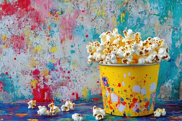 Poster - A vibrant scene of delicious popcorn spilling out of a yellow container against an abstract, colorful painted backdrop.