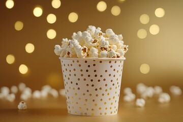 Poster - Buttery, fluffy popcorn spills from a white bucket with gold polka dots, set against a warm golden background with sparkling lights.