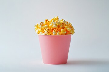 Poster - A light pink paper cup overflowing with fluffy, yellow buttered popcorn on a light background, perfect for snack time.