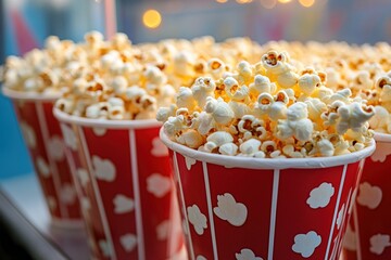Poster - Close-up of red and white striped popcorn containers overflowing with fluffy, buttery popcorn, inviting a movie night treat.