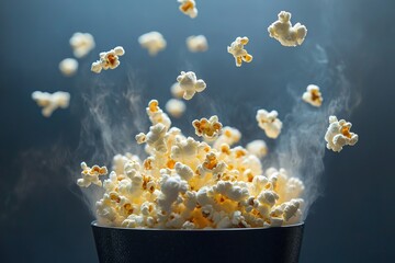 Poster - Steaming hot popcorn bursts from a bowl in mid-air, capturing the essence of movie nights and snack time, promising a delicious experience.