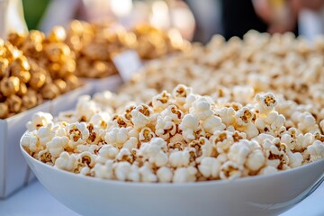 Fototapete - A buffet of popcorn in different flavors. Classic and caramel in the foreground. Perfect for a party or snack food theme.