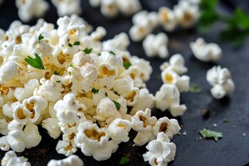 Poster - A flavorful bowl of popcorn, sprinkled with herbs, is ready to be enjoyed as a comforting and classic snack.
