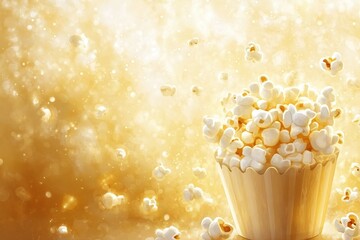 Fototapete - A delightful illustration of popcorn overflowing from a container, surrounded by a golden bokeh background, evokes a sense of fun and flavor.