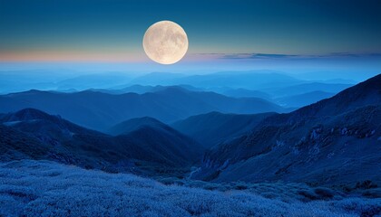 Wall Mural - The full moon shines over blue mountains at dusk