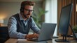 © Alex Pios - Man in video conference in hotel room, laptop open, wearing headphones, clean modern design, concept of tech-enabled remote meetings.