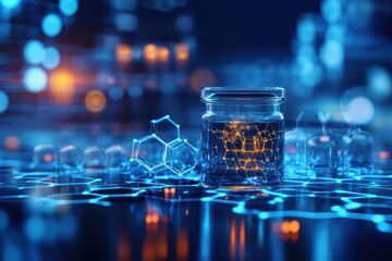 Poster - Glowing laboratory scene with glass jar and molecular structures illuminated at night