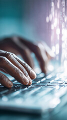 Poster - close-up of dark-skinned hands typing on a laptop keyboard, digital data stream in background, symbo