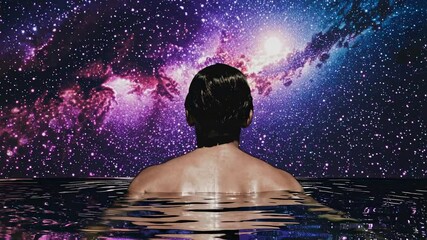 Wall Mural - a surreal video concept with a rear view of a person partially submerged in water, gazing at a cosmi