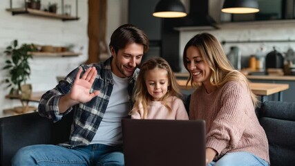 Aufkleber - Happy family video calling using laptop on sofa