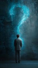Poster - Man in suit facing large, glowing blue question mark on textured wall, symbolizing uncertainty, question, decision, choice, or problem-solving