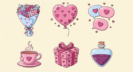 Poster - A stylized cartoon illustration of six Valentine's Day items arranged in a two-by-three grid against a light beige background. The style is bold, outlined in black, with glossy. Vector Illustration