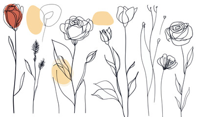 Poster - Minimalist One Line Rose Drawings with Abstract Background Shapes in Vector Style