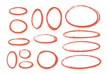 Poster - Red highlight oval crayon or chalk shapes set. Sketchy pencil or marker hand drawn rough ellipse circles design elements in grunge style for emphasizing text information and accents