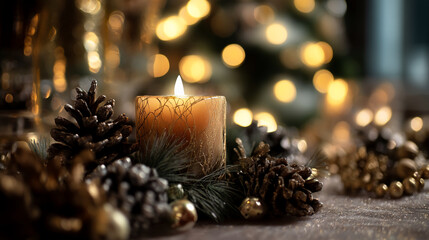 Aufkleber - Lit candle with golden texture, nestled among pine cones and greenery, set against a bokeh background of warm lights, evokes a cozy, festive atmosphere, ideal for winter holidays