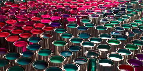 Poster - Numerous paint cans filled with vibrant pink, purple, and teal paint, creating a colorful and textured surface, showcasing variety and creativity in design