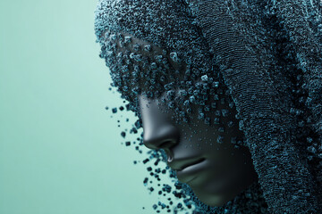 Poster - Close-up of a 3D rendered face, partially disintegrating into teal and black cube particles, against a teal background, representing digital decay, transformation or fragmentation
