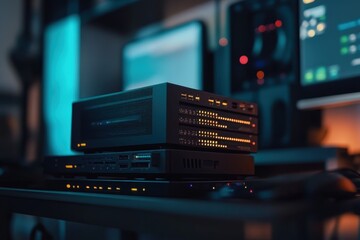 Poster - Modern server equipment arranged on a desk in a tech-focused workspace at night