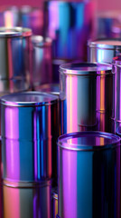 Poster - Close-up of metallic cylinders, iridescent purple and blue hues, creating a vibrant and reflective texture, showcasing a modern and stylish product display, perfect for background or banner