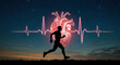 © Gianpiero - A silhouetted runner is depicted against a health-themed background with heartbeat shapes and a heart illustration, symbolizing cardiovascular fitness, heart health