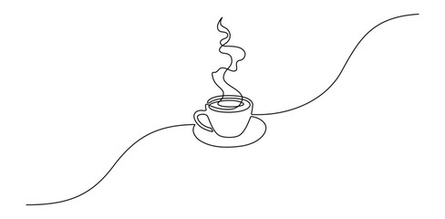 Aufkleber - Cup coffee with steam in One continuous line drawing. Morning hot drink for breakfast menu in cafe and web banner in simple linear style. Editable stroke. Doodle outline vector illustration